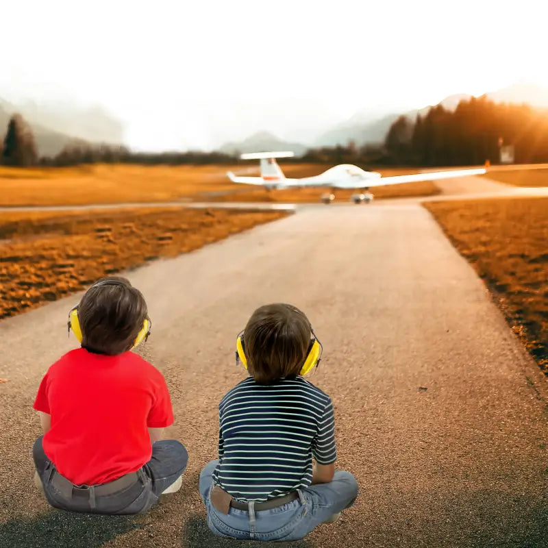 Two children wearing yellow earmuffs from 23dB NRR Noise Cancelling Hearing Protection