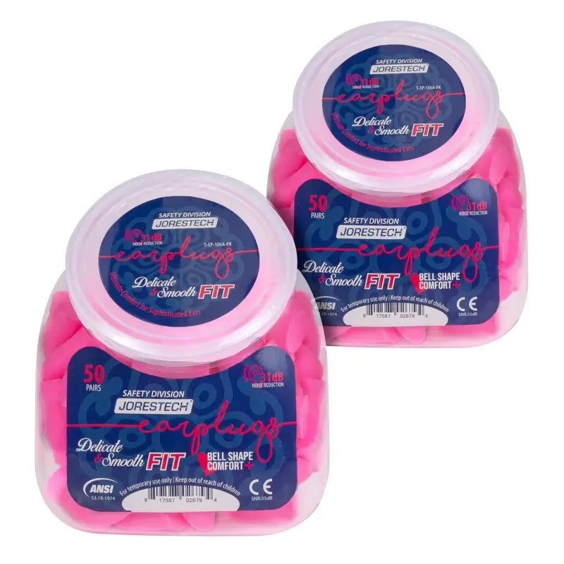 Two containers of 31dB NRR Bell-Shaped Soft Foam Earplugs in pink color