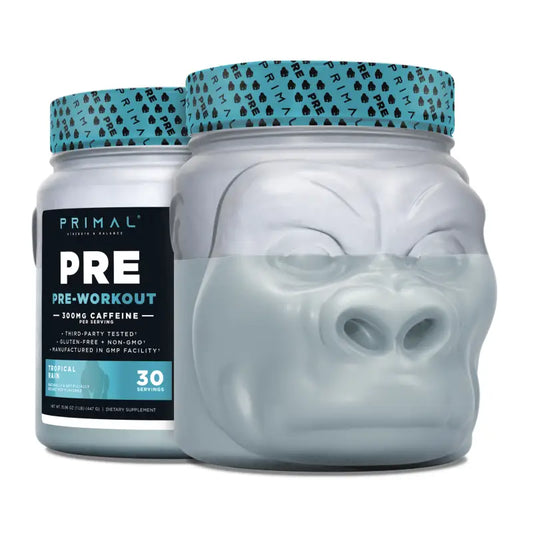 Two PREWORKOUT supplement containers featuring pre-primal pre-workout for primal strength