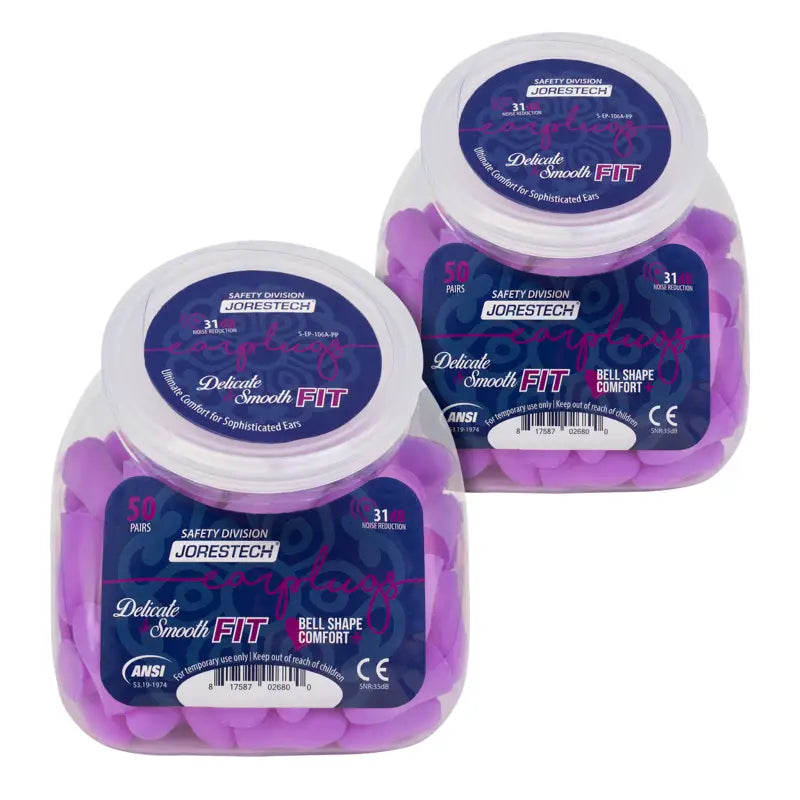 Two containers of 31dB NRR Bell-Shaped Soft Foam Earplugs in purple color