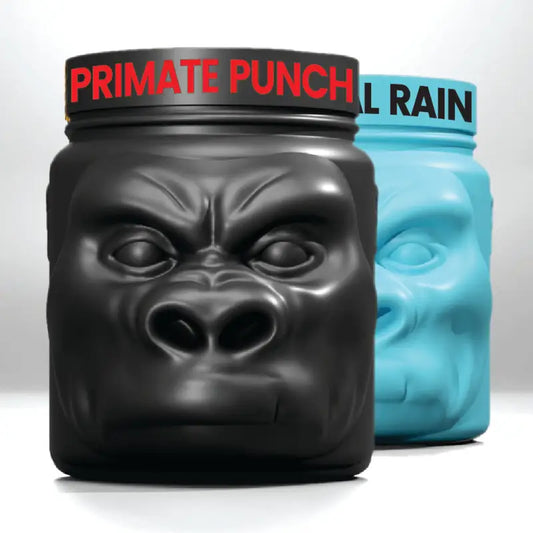Gorilla-shaped supplement containers in the Pre Workout Bundle for primal strength and best pre-workout