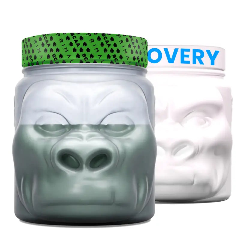 Two gorilla-shaped supplement containers for Post Recovery, ideal for First Responders and Firefighters
