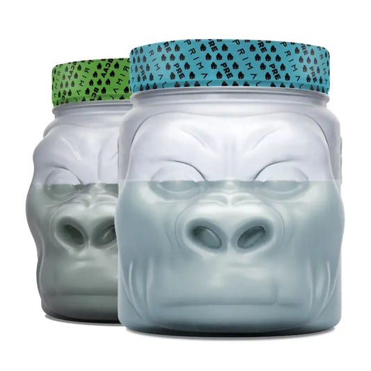 Gorilla-shaped supplement containers in Pre Workout & Recovery Bundle for primal strength