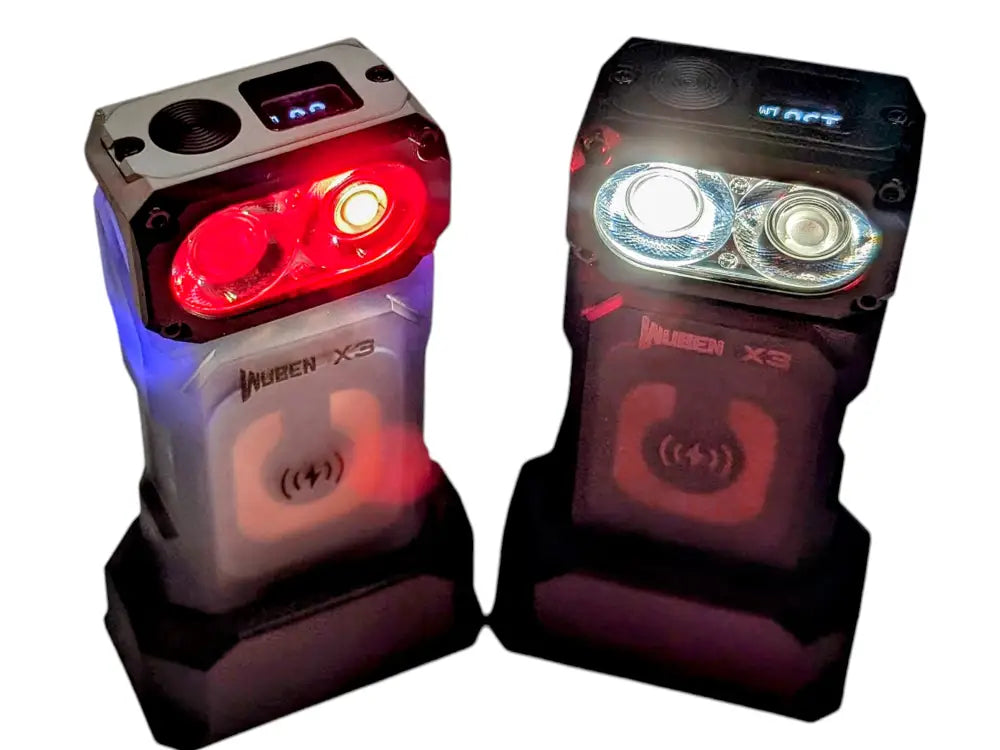 Two Wuben X3 Beacon All-in-One Flashlights on charging docks with glowing LED lights