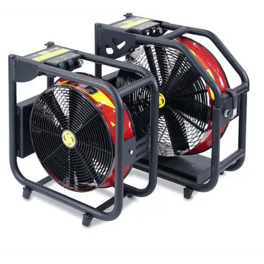 Two industrial ventilation fans in metal frames for Super Vac 18” with Milwaukee Batteries