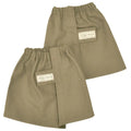 Khaki elastic waist shorts with labels, perfect for Canvas Ankle Gaiters