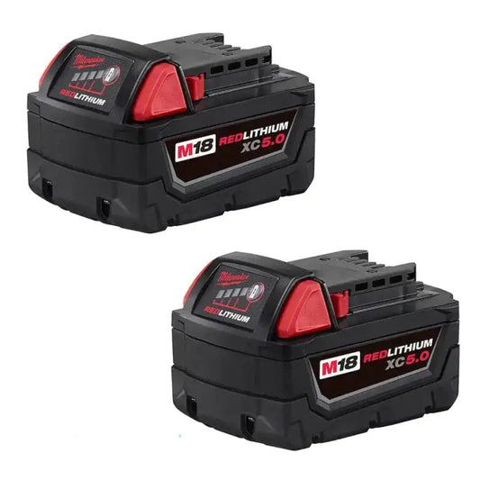 Two Milwaukee 48-11-1852 M18 REDLITHIUM Extended Capacity Batteries in a product display