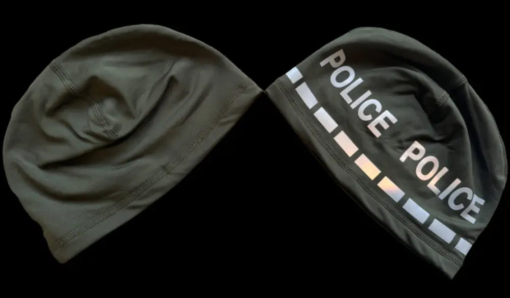 Olive-green police beanie for first responders and police, reversible firefighter style