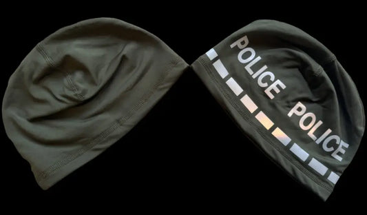 Olive-green police beanie for first responders and police, reversible firefighter style