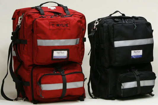 Two-piece emergency medical backpacks made of ballistic nylon with extensive storage for first responders