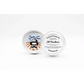 Two round white tins of Ol’ Fashion Light Hold Mustache Wax with skull logo