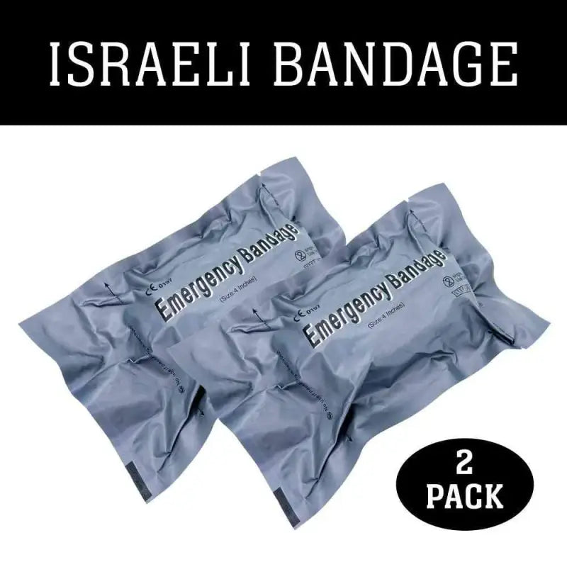 Two sealed gray Israeli 4 inch Compression Bandages in a pack, ideal for battle dressing
