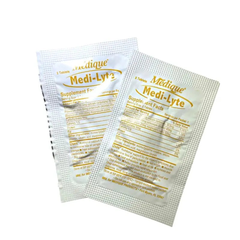 Two sealed packets of Medi-Lyte electrolyte powder in Waterproof 5000 Series First Aid Kit