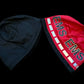 Reversible beanie for first responders with reflective material, black and red EMS design