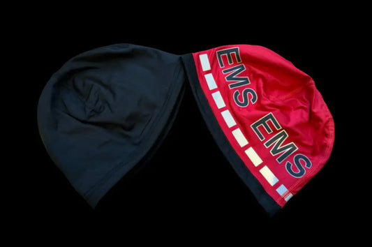 Reversible beanie for first responders with reflective material, black and red EMS design