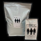 Two silver coffee bags with black FRCC logos, featuring silhouettes of three people