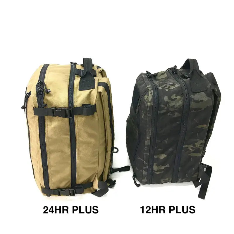 Two tactical backpacks in tan and camouflage for Battalion Series 24hrplus Black Complete