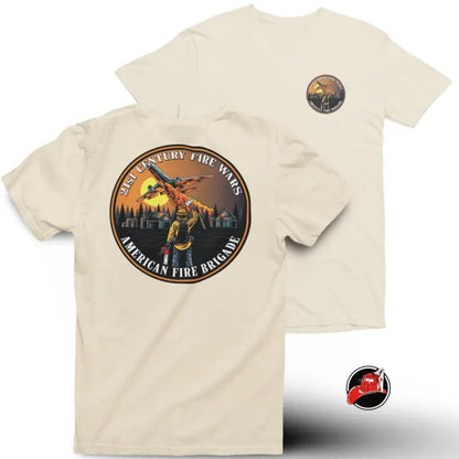 Tan Fire Wars Tee featuring bold fire brigade design for first responders and firefighters