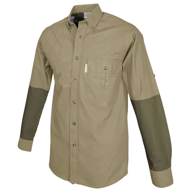 Two-tone khaki and olive Clay Bird Shirt for Men with long sleeves and chest pockets