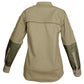 Two-tone khaki and olive green Clay Bird Shirt with mesh lined vent for air circulation