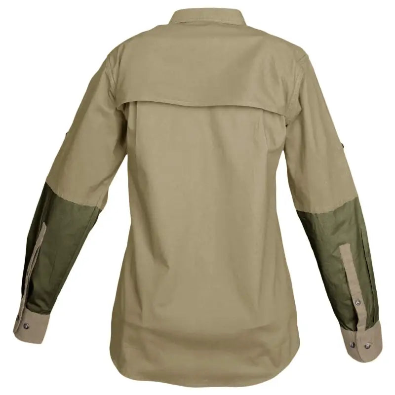 Two-tone khaki and olive green Clay Bird Shirt with mesh lined vent for air circulation