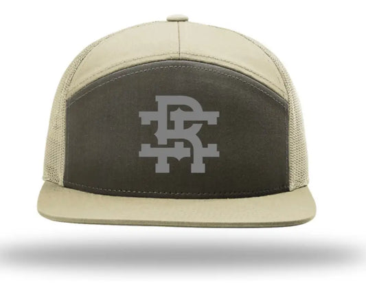 Two-tone brown khaki Staple Hat for first responders with monogram logo on front