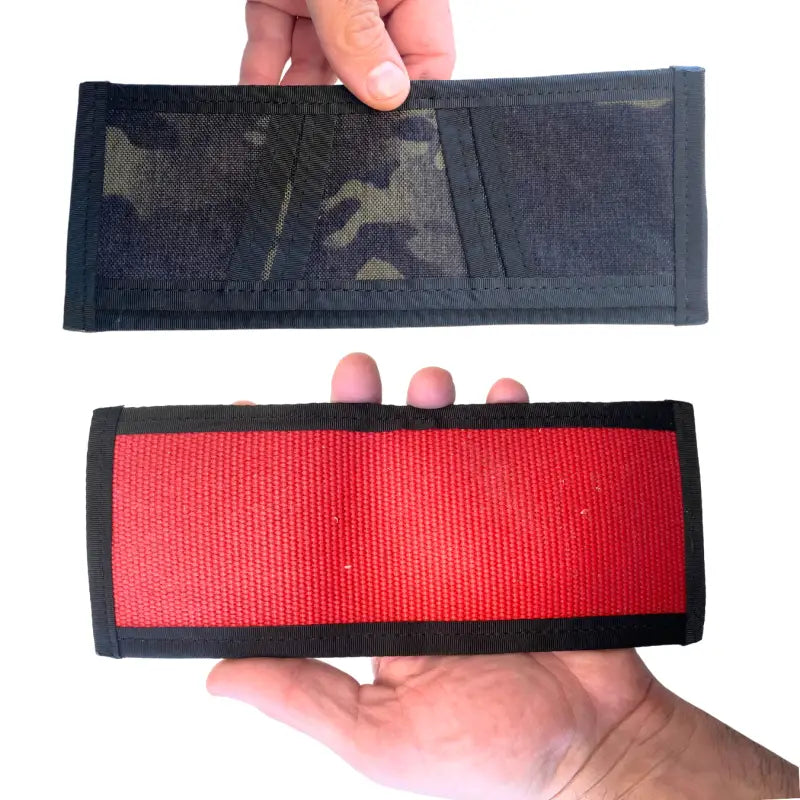 Two wallets in camouflage and red fabric for unfolded bills and card slots, 1000D Cordura