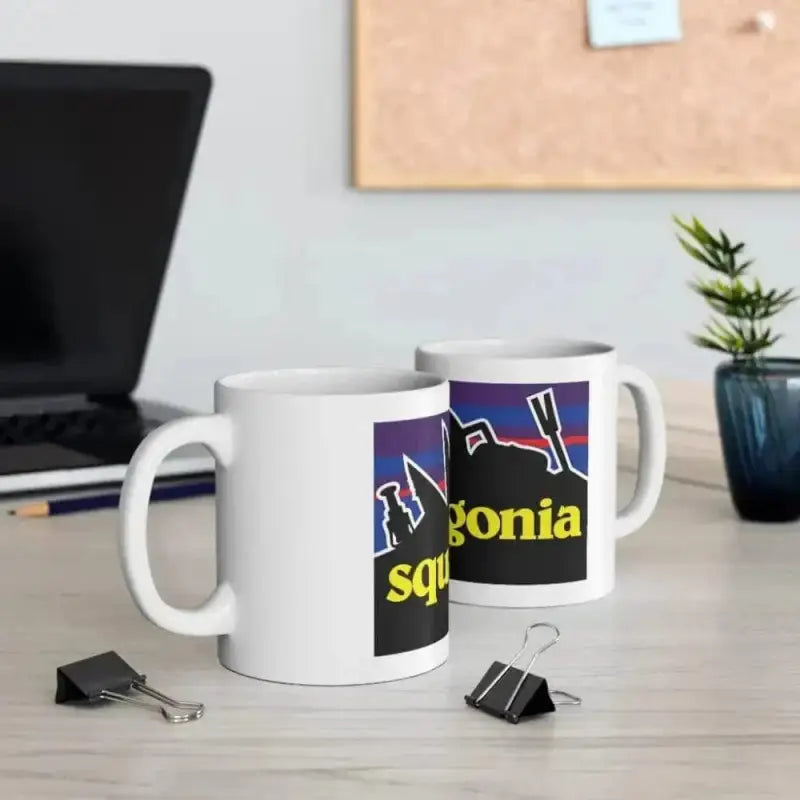 Two Squadagonia Mugs with Patagonia-style graphics for first responders and firefighters