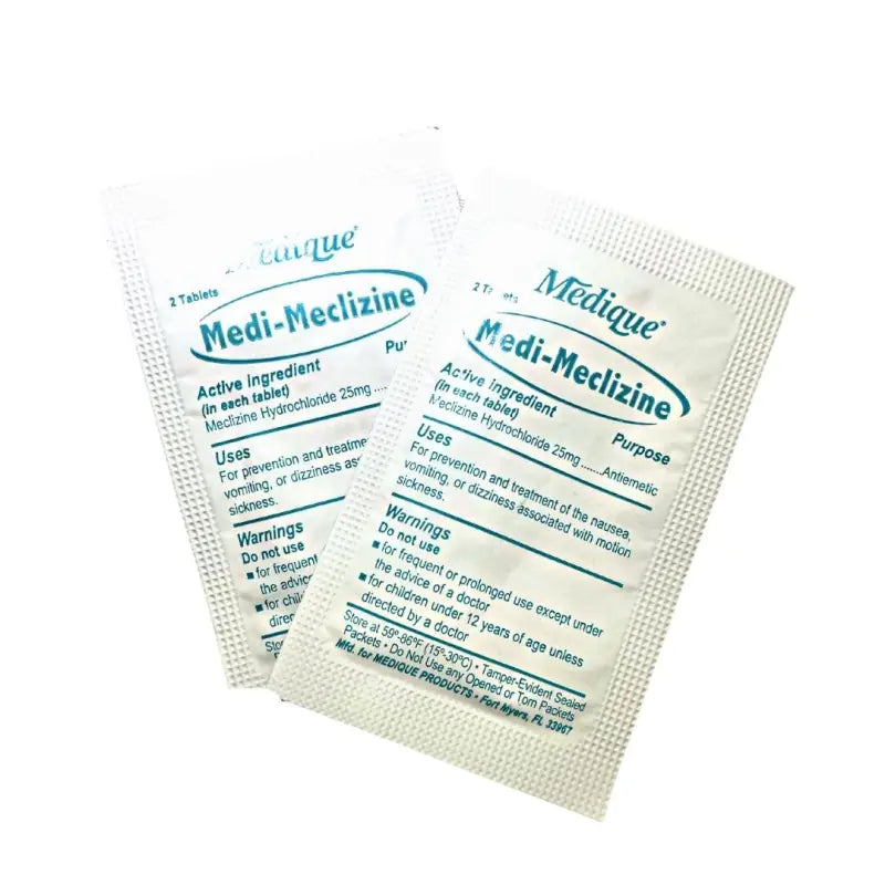 Two white Medi-Meclizine wipe packets in a Waterproof 6000 Series First Aid Kit