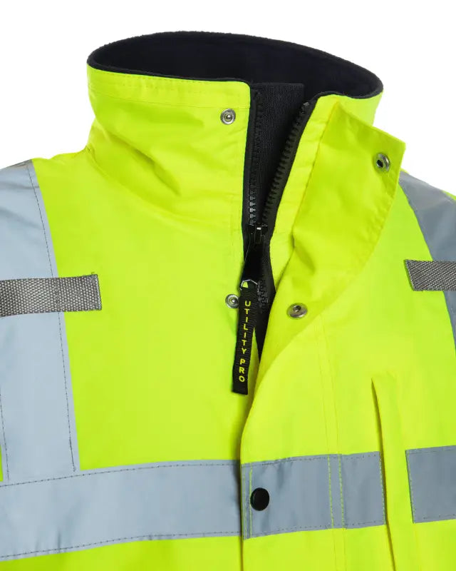 High-visibility UHV1004 HiVis Contractor Jacket with reflective stripes and black collar