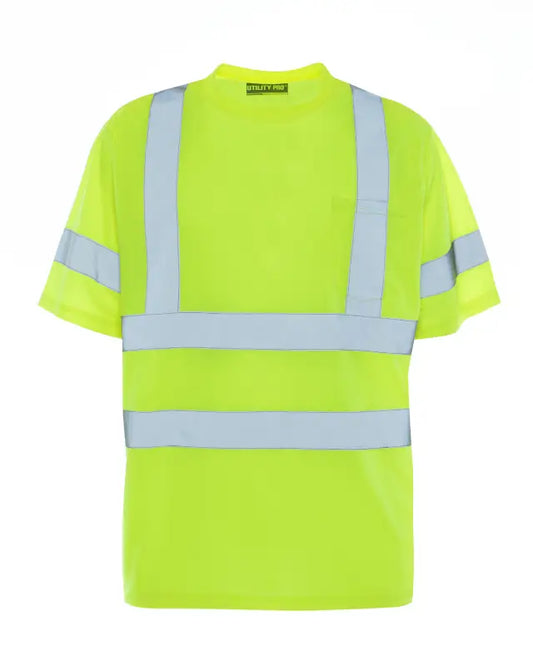 High-visibility neon yellow UHV302 HiVis tee with reflective stripes for first responders