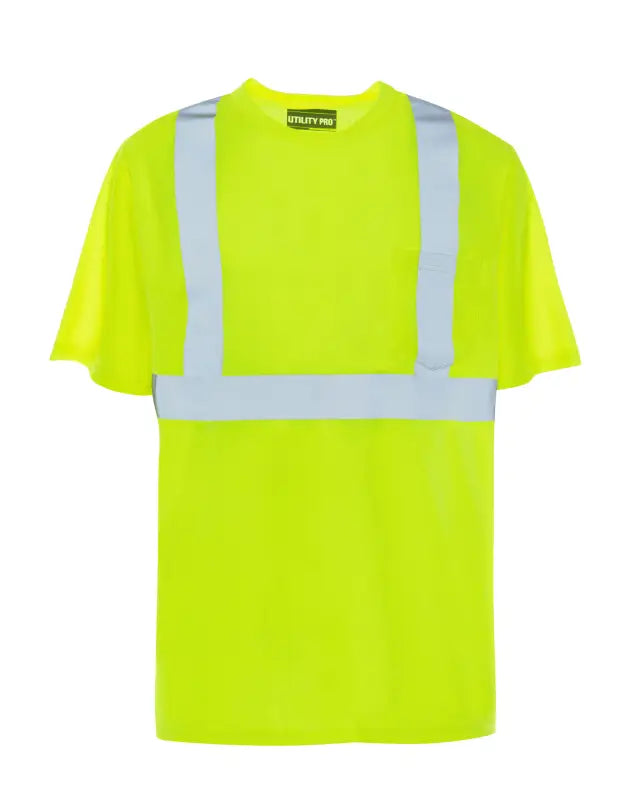 High-visibility neon yellow UHV303 HiVis Short Sleeve Tek Tee with reflective stripes