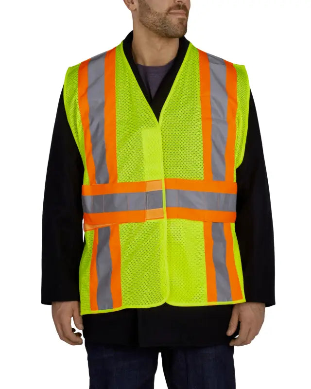 High-visibility yellow UHV312 HiVis Expandable Mesh Vest with orange and reflective stripes