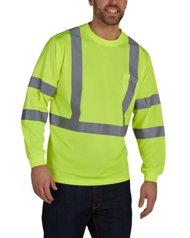 High-visibility neon yellow UHV403 HiVis Long Sleeve Tek Tee with reflective stripes