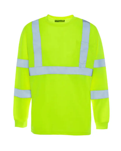 High-visibility neon yellow UHV403 HiVis Long Sleeve Tek Tee with reflective stripes