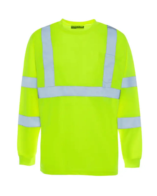 High-visibility neon yellow UHV403 HiVis Long Sleeve Tek Tee with reflective stripes