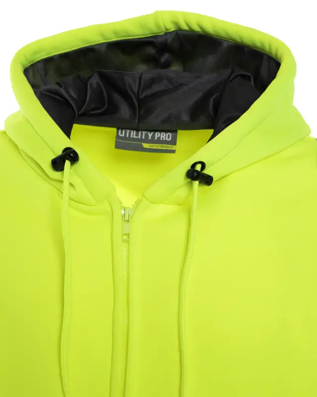 Neon yellow hooded zip-up UHV424 HiVis Sweatshirt with black interior lining