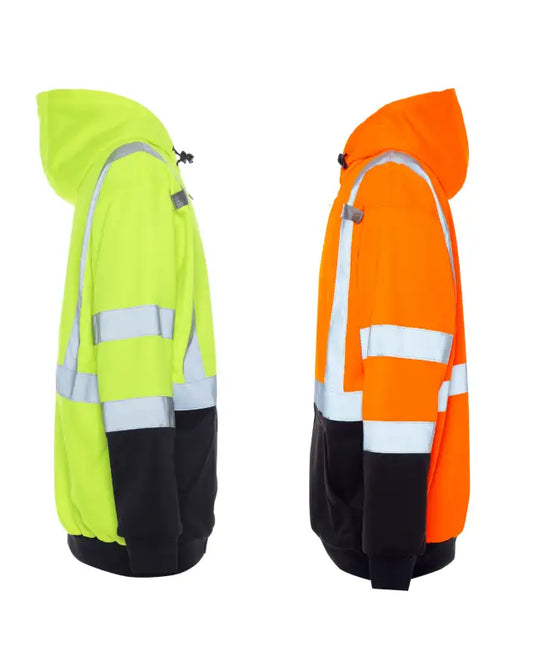 High-visibility UHV425 HiVis Soft Shell Full Zip Hoodie in neon yellow and orange