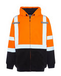High-visibility orange and black UHV425 HiVis Soft Shell Full Zip Hoodie with reflective stripes