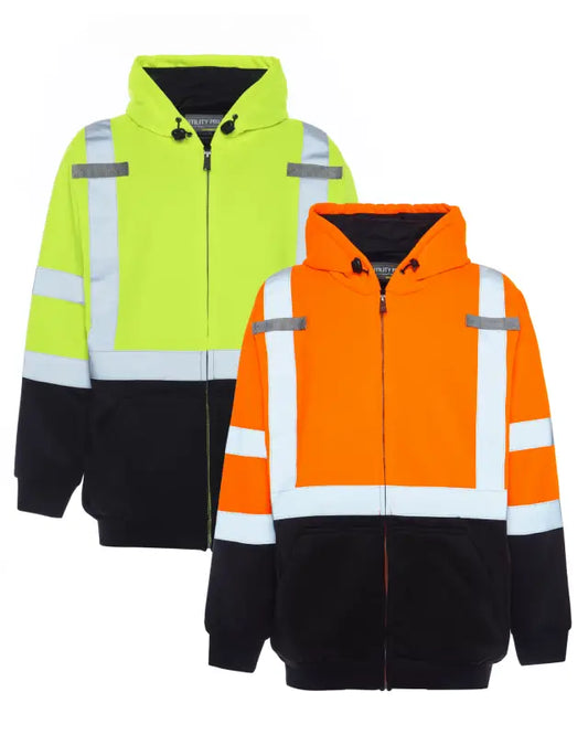 High-visibility UHV425 HiVis Soft Shell Full Zip Hoodie in neon colors with reflective stripes