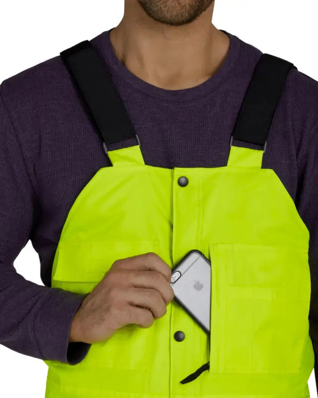 High-visibility yellow UHV500 HiVis Lined Bib Overalls with phone pocket