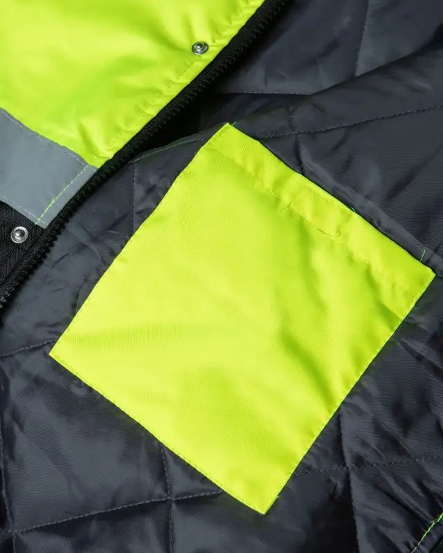 Neon yellow and charcoal gray UHV562 HiVis Quilt Lined Bomber Jacket with pocket