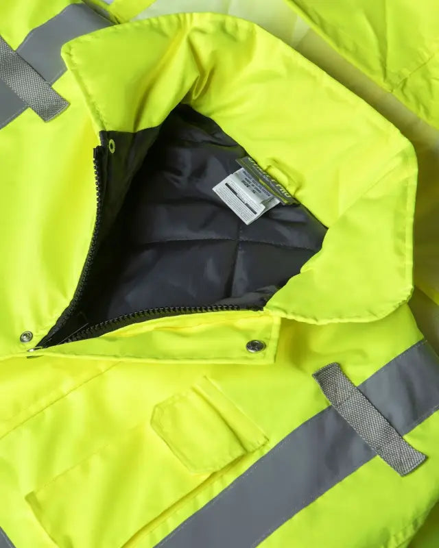 High-visibility UHV562 HiVis Quilt Lined Bomber Jacket with reflective strips and zipper