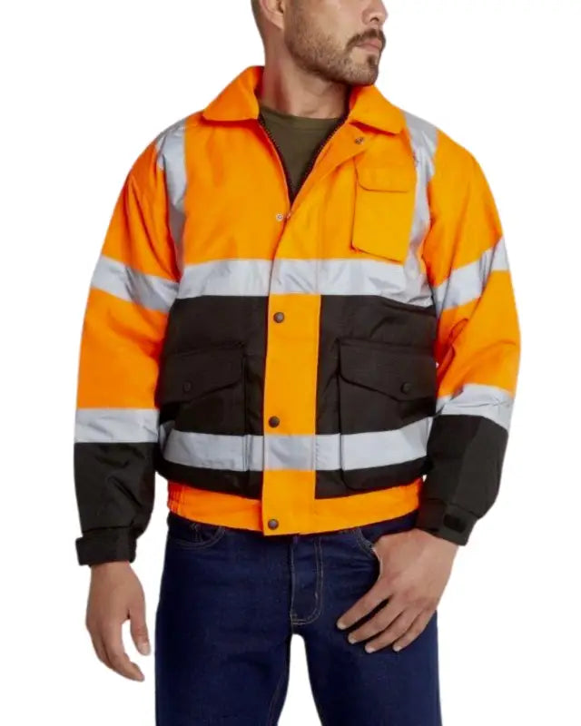 High-visibility orange and black UHV562 HiVis Quilt Lined Bomber Jacket with reflective stripes