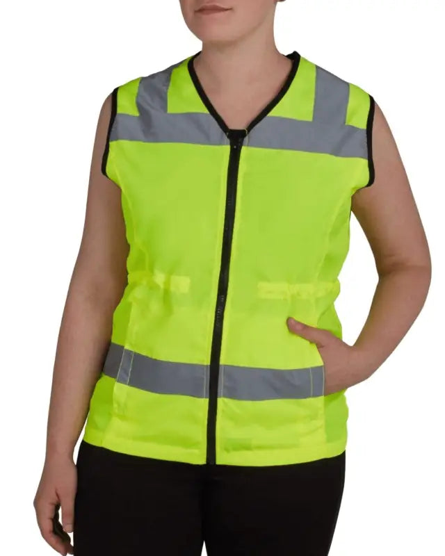 High-visibility yellow UHV662 HiVis Women’s Nylon Vest with pockets and reflective stripes