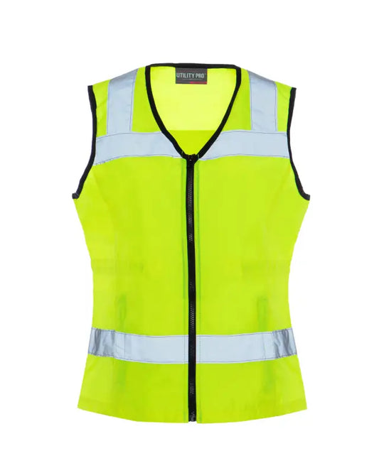 High-visibility yellow UHV662 HiVis Women’s Nylon Vest with pockets and reflective stripes