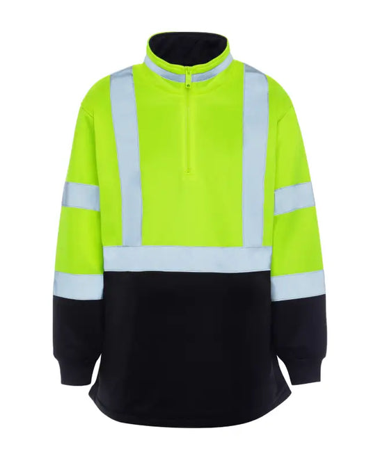 UHV667 HiVis Women’s quarter zip soft shell in neon yellow with reflective safety stripes