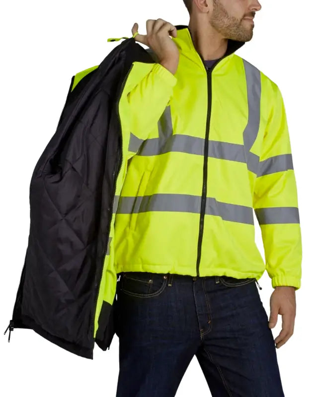 High-visibility yellow UHV821 HiVis Arctic 3-in-1 Jacket with reflective stripes and black lining