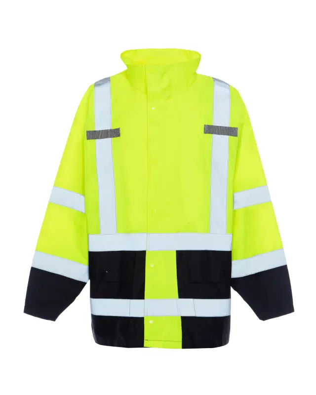 High-visibility safety jacket with black and white reflective stripes for UHV822 HiVis Waterproof Rain Jacket with Teflon™ Fabric Protector