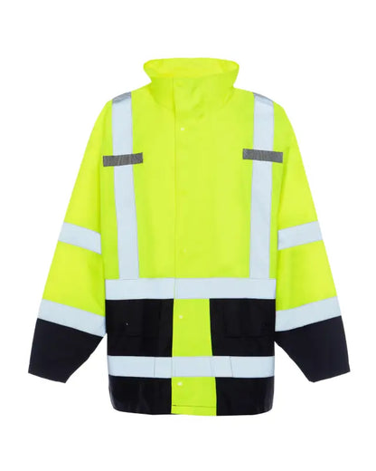 High-visibility safety jacket with black and white reflective stripes for UHV822 HiVis Waterproof Rain Jacket with Teflon™ Fabric Protector